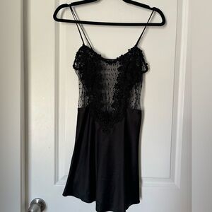 Satin sheer floral embroidered mini slip lingerie dress